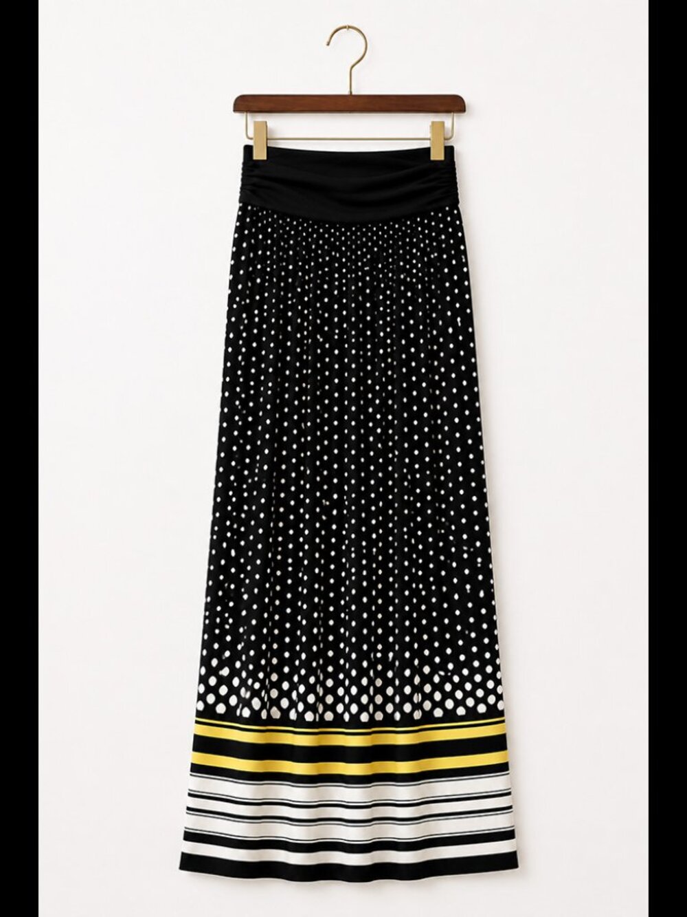 I.N. Studio NWT Black Polka Dot Maxi Skirt Ruched Waist Striped Hem MP